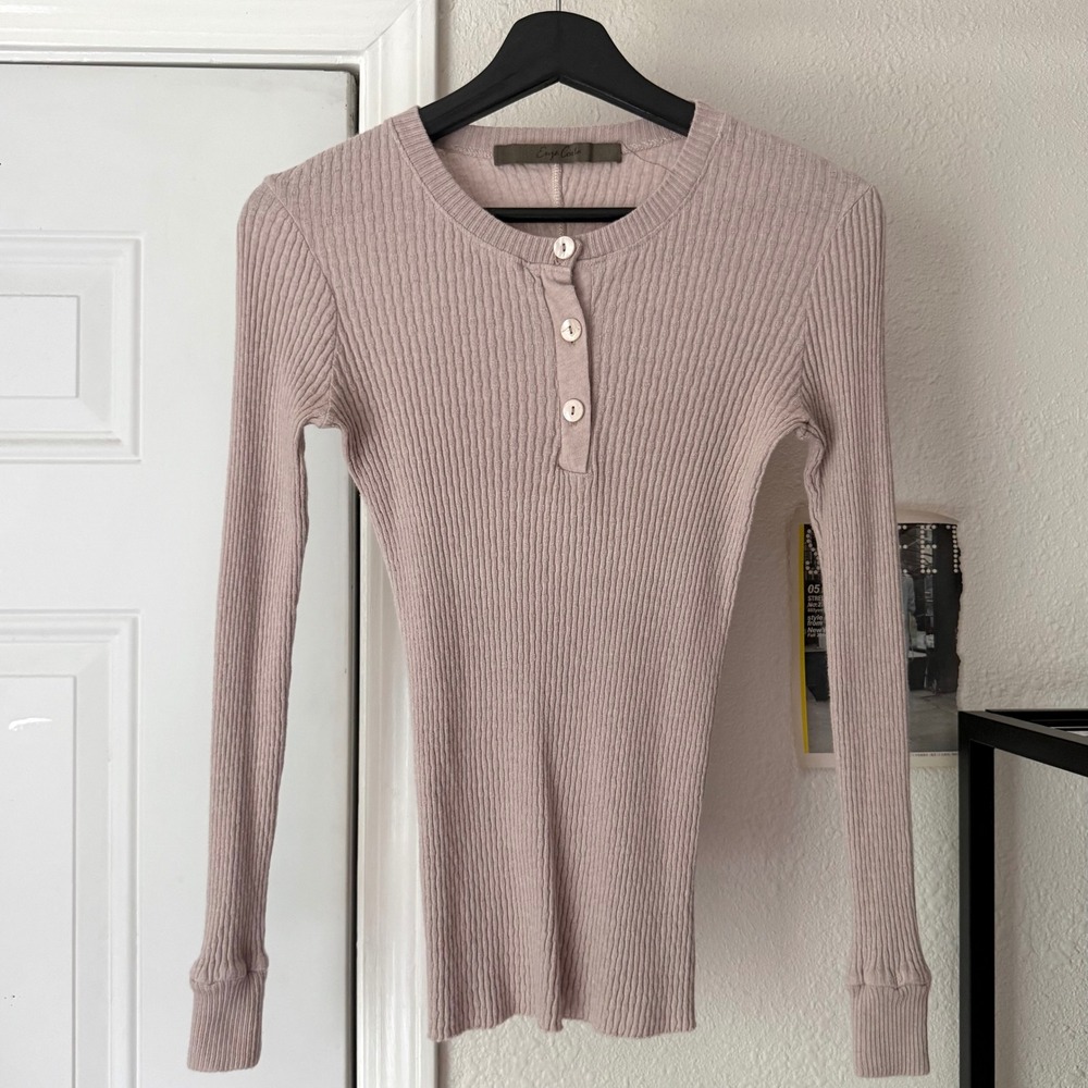 ENZA COSTA cotton cashmere mauve rib ribbed long sleeve Henley polo top shirt